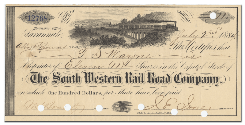 South Western Rail Road Company Stock Certificate