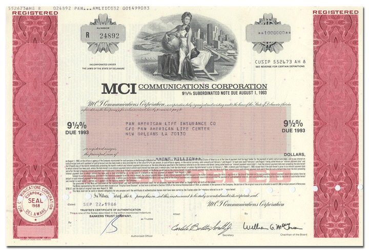 MCI Communications Corporation Bond Certificate