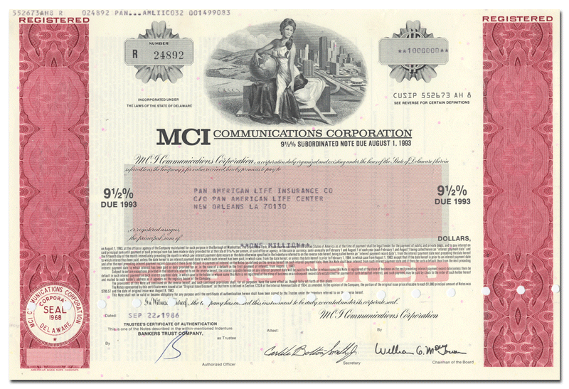MCI Communications Corporation Bond Certificate