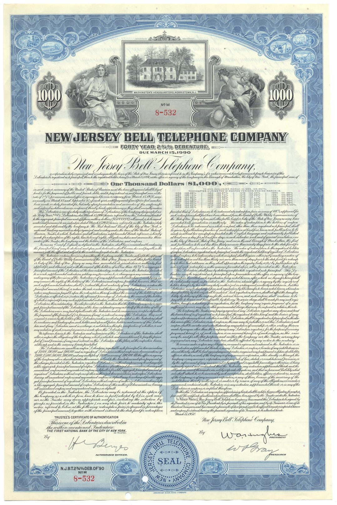 New Jersey Bell Telephone Company Bond Certificate