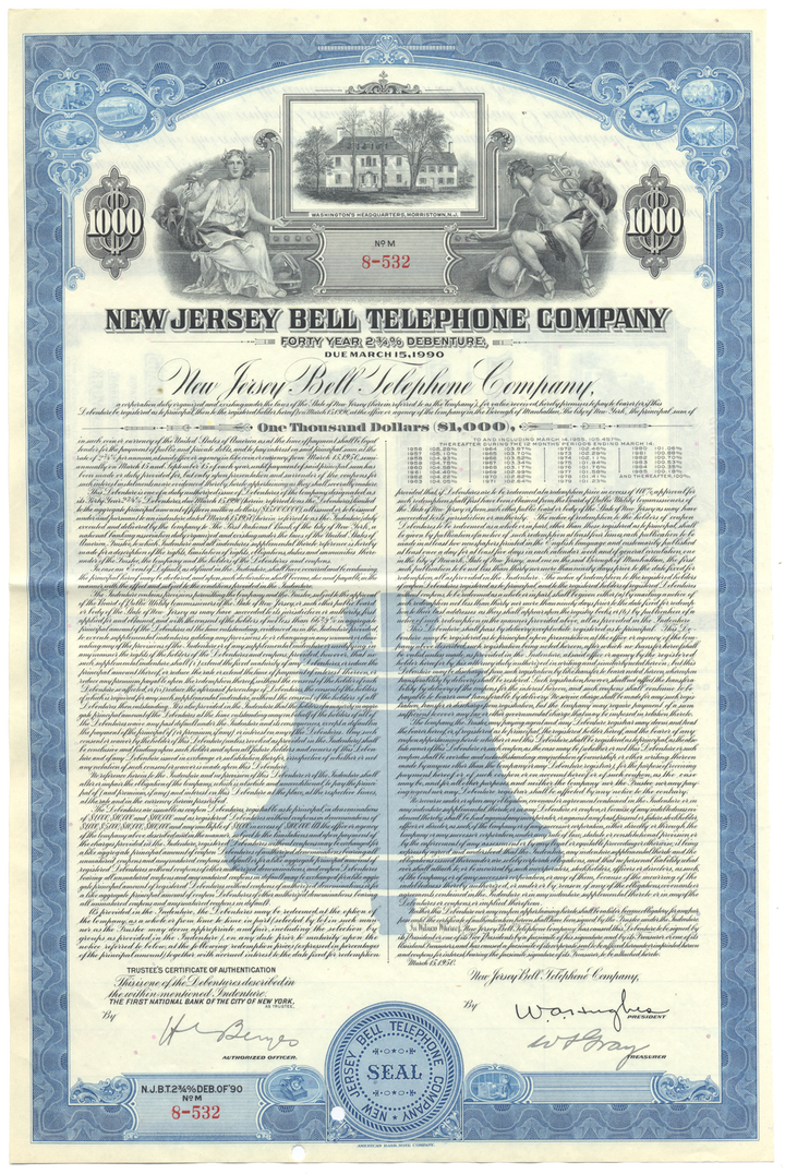 New Jersey Bell Telephone Company Bond Certificate