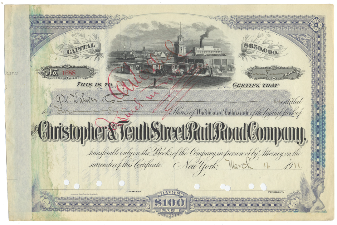 Christopher & Tenth Street Rail Road Company Stock Certificate