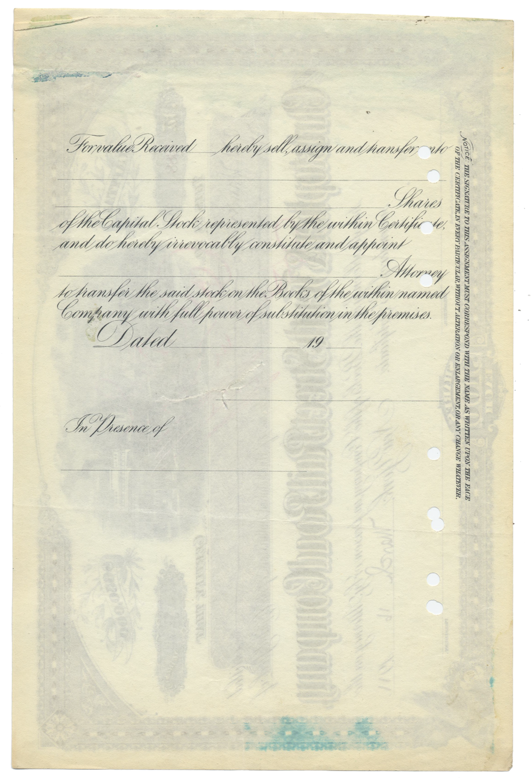 Christopher & Tenth Street Rail Road Company Stock Certificate