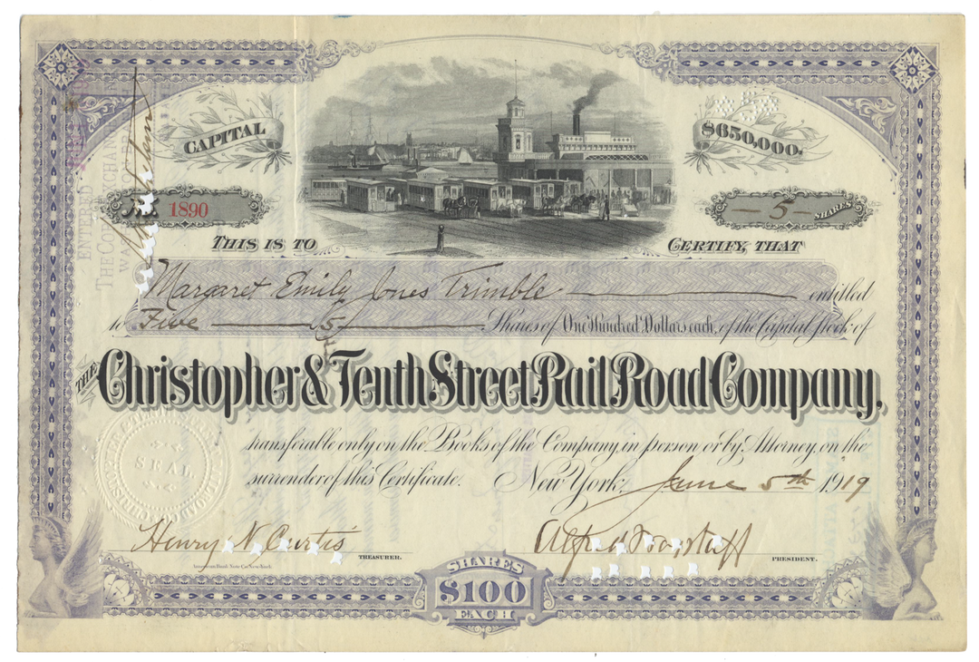 Christopher & Tenth Street Rail Road Company Stock Certificate