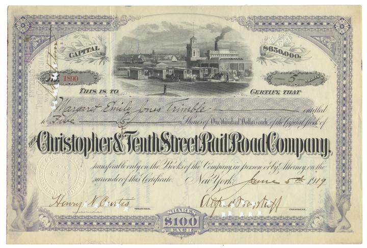 Christopher & Tenth Street Rail Road Company Stock Certificate