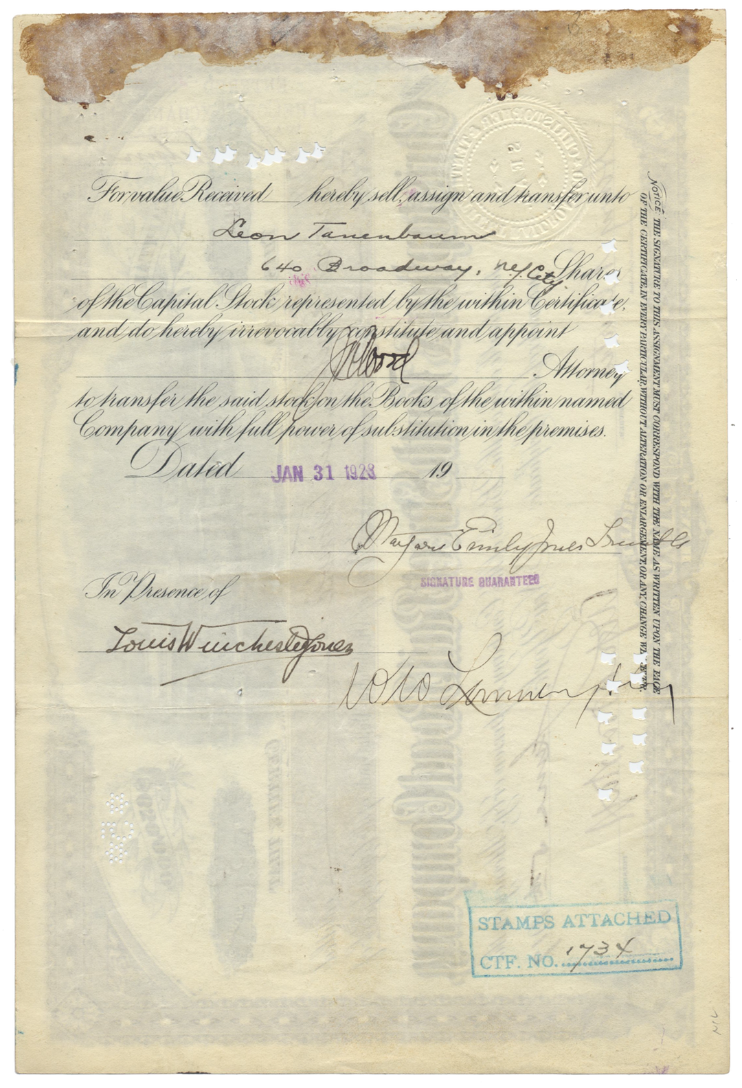 Christopher & Tenth Street Rail Road Company Stock Certificate