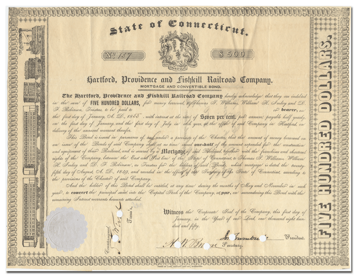 Hartford, Providence and Fishkill Railroad Company Bond Certificate