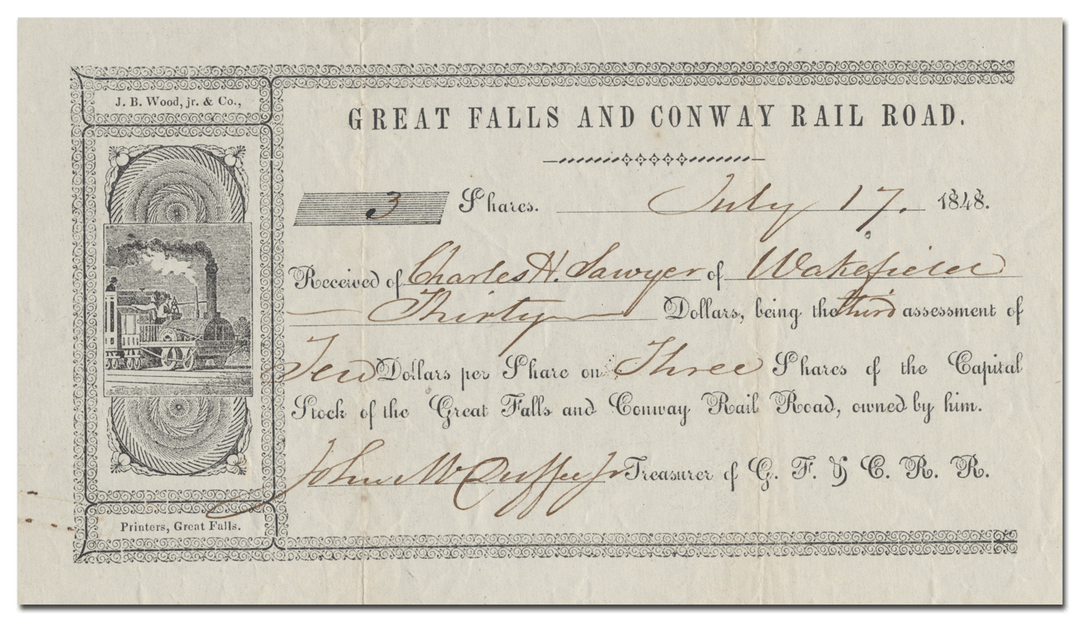 Great Falls and Conway Rail Road Stock Certificate