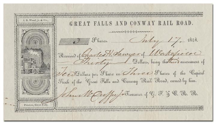 Great Falls and Conway Rail Road Stock Certificate