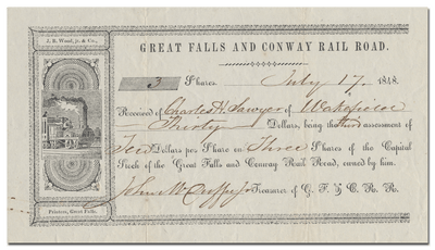 Great Falls and Conway Rail Road Stock Certificate