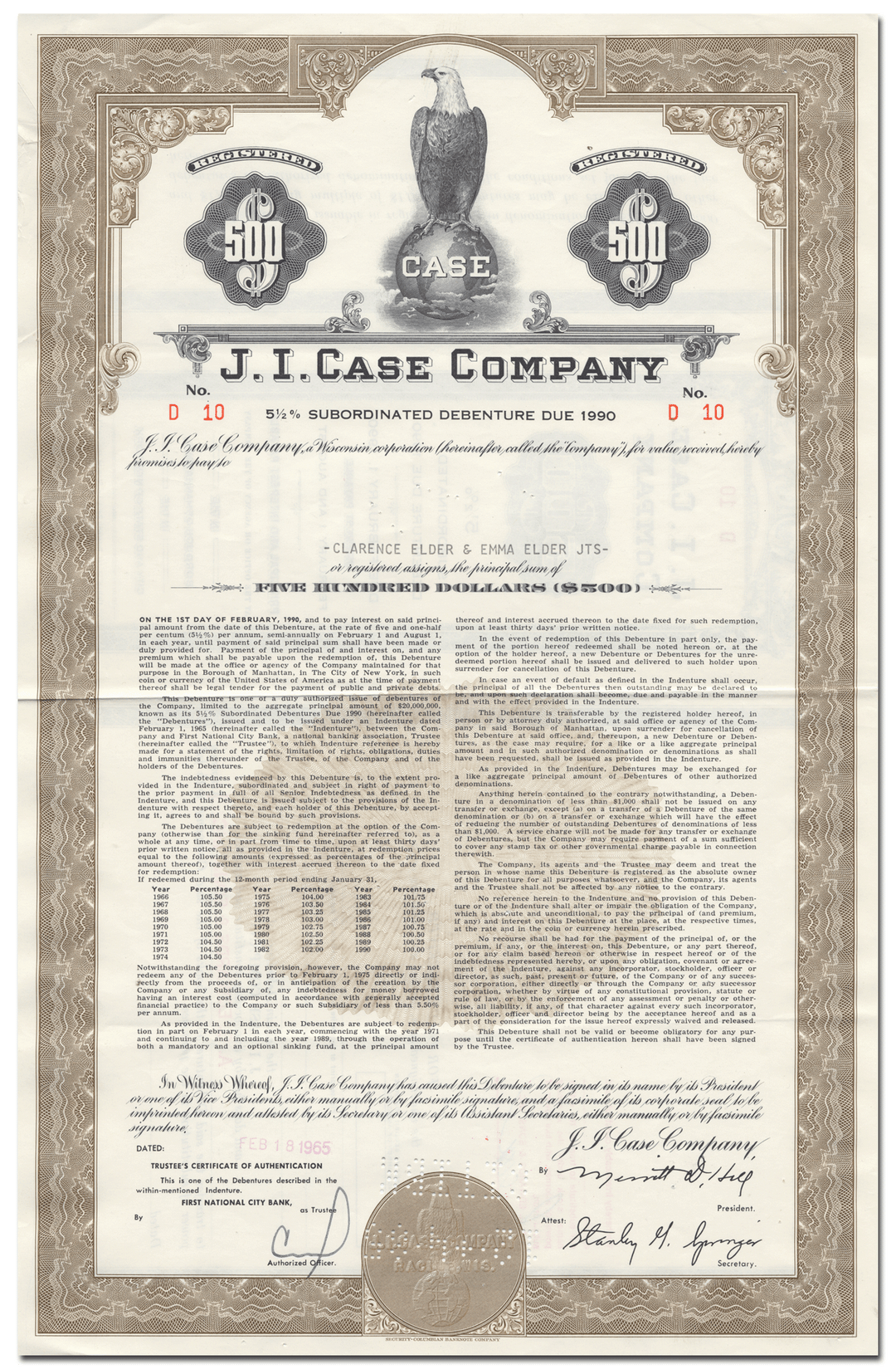 J. I. Case Company Bond Certificate