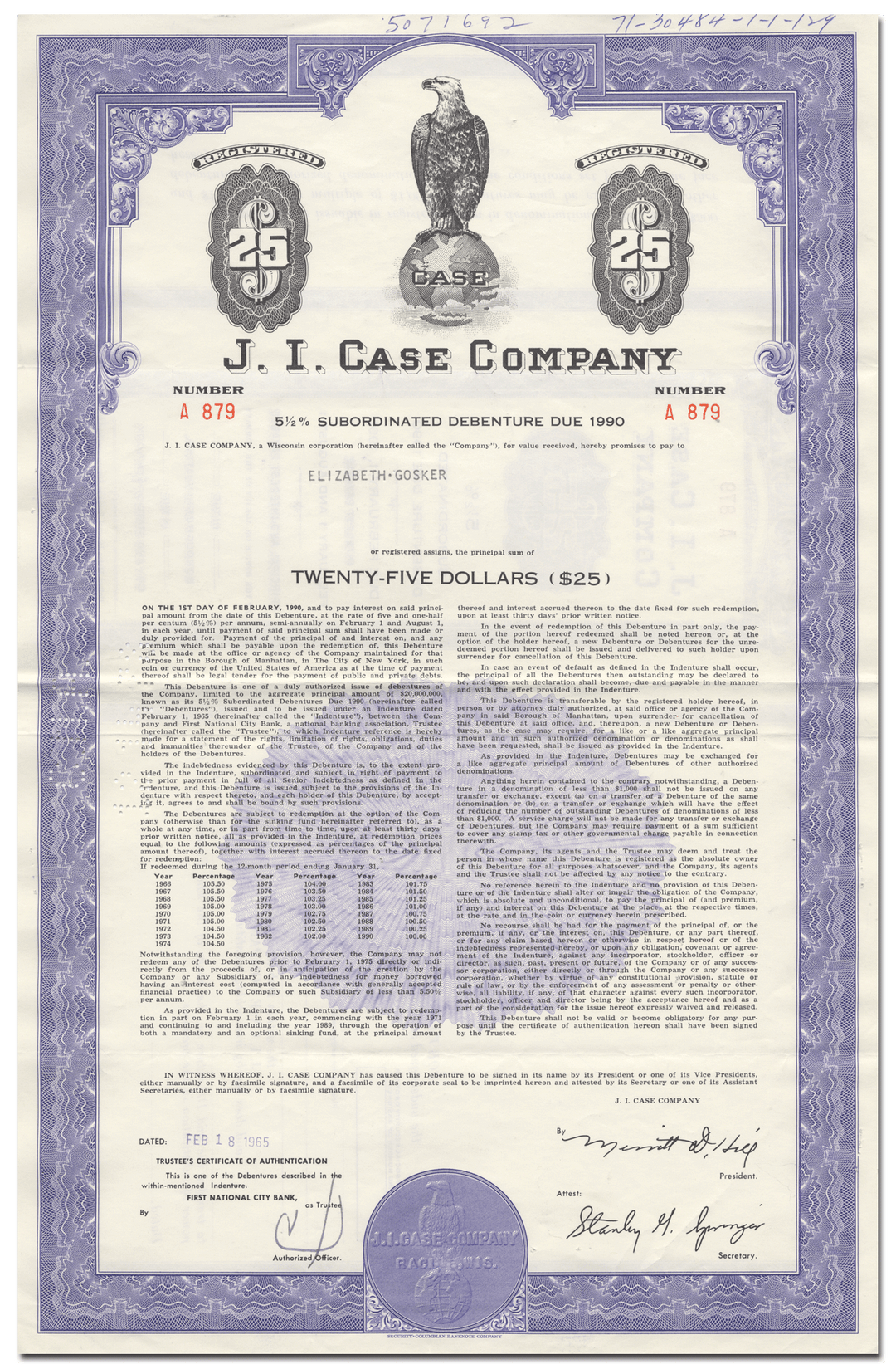 J. I. Case Company Bond Certificate