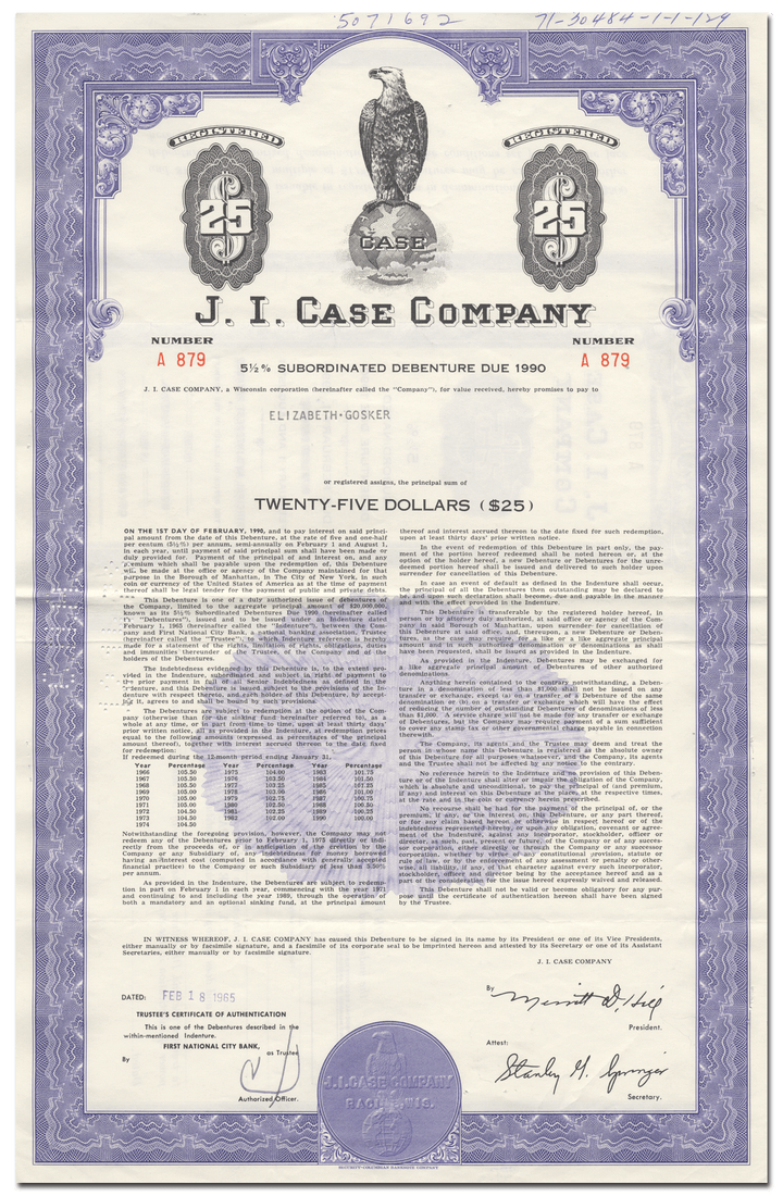 J. I. Case Company Bond Certificate