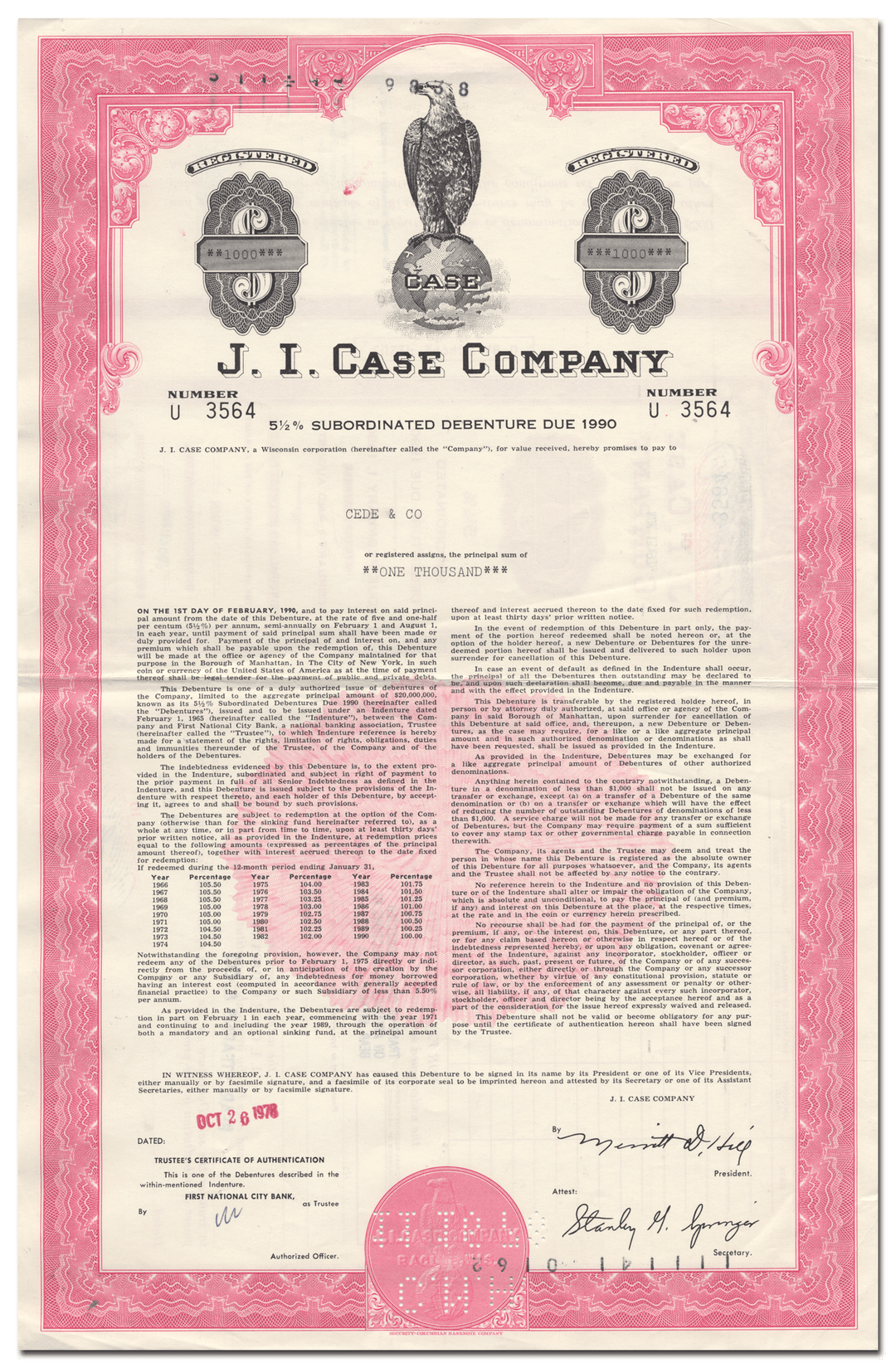 J. I. Case Company Bond Certificate