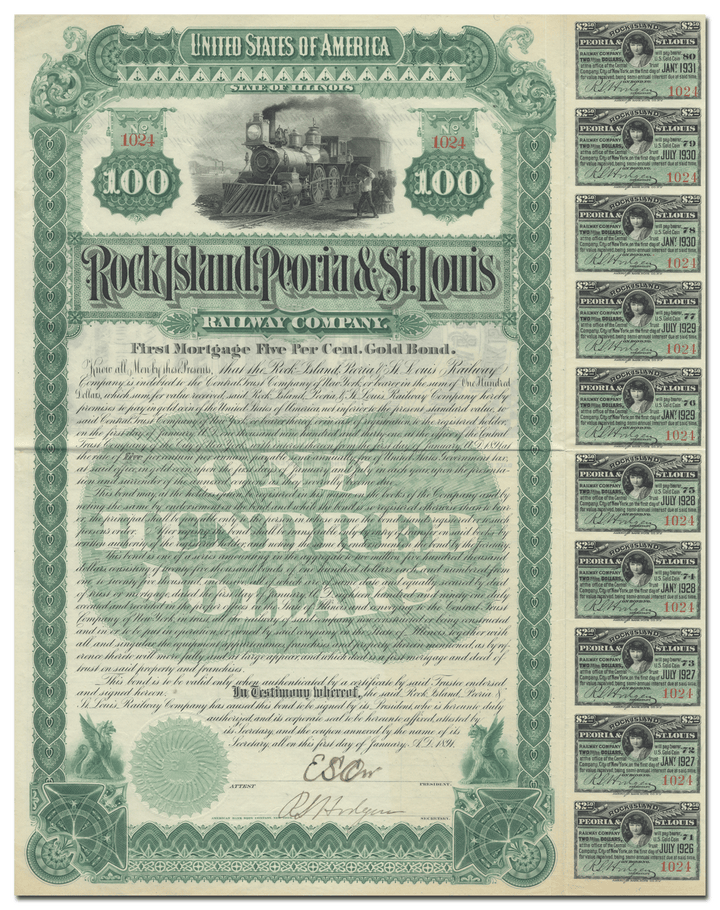 Rock Island, Peoria & St. Louis Railway Company Bond Certificate