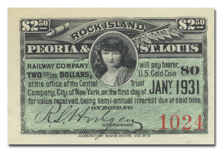 Rock Island, Peoria & St. Louis Railway Company Bond Certificate (Coupon)
