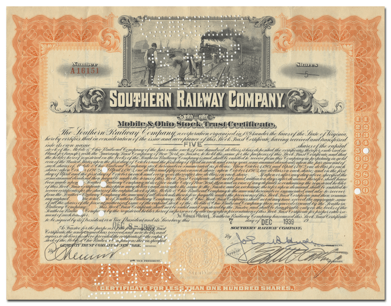 Southern Railway Company (Mobile & Ohio) Stock Trust Certifiacte