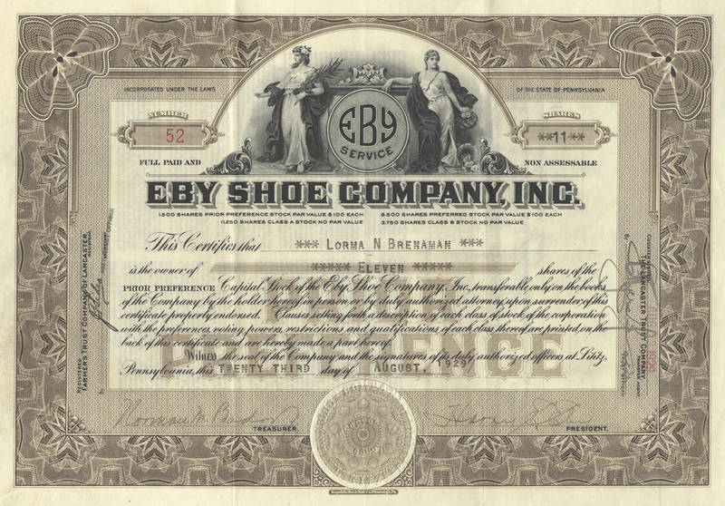Eby Shoe Company, Inc. Stock Certificate