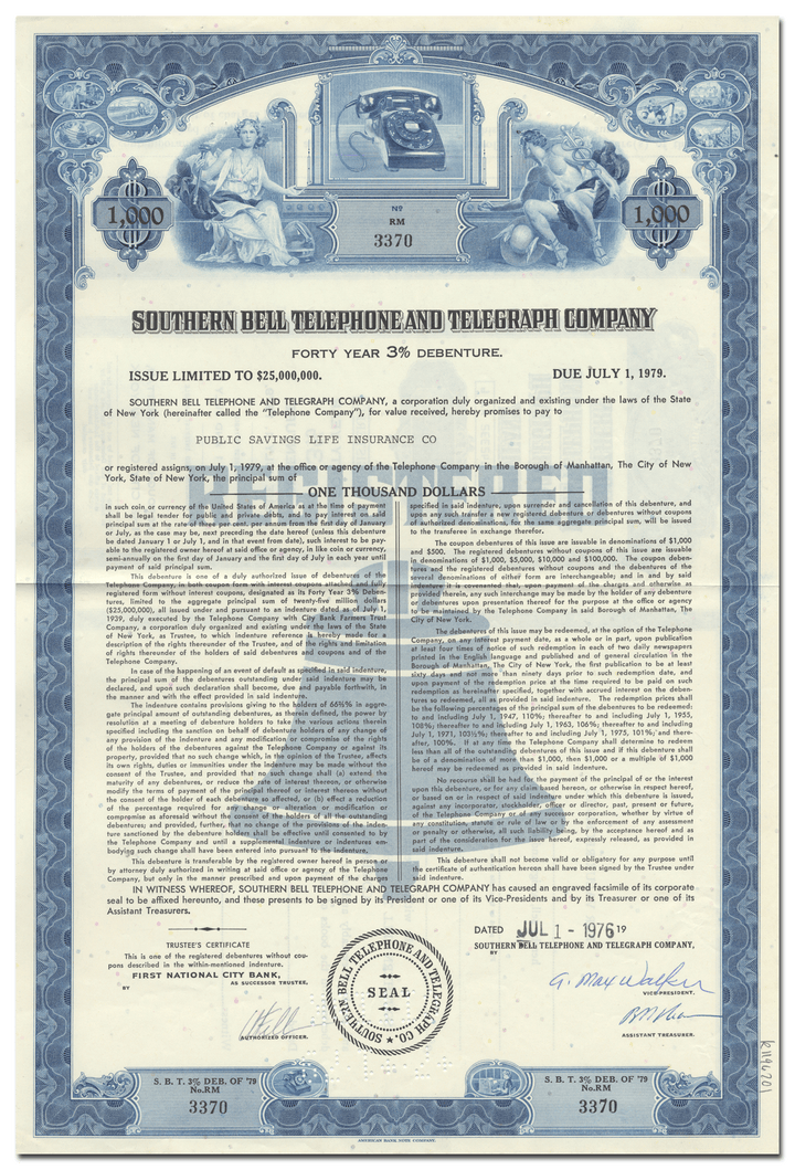 Southern Bell Telephone and Telegraph Company Bond Certificate