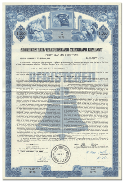Southern Bell Telephone and Telegraph Company Bond Certificate