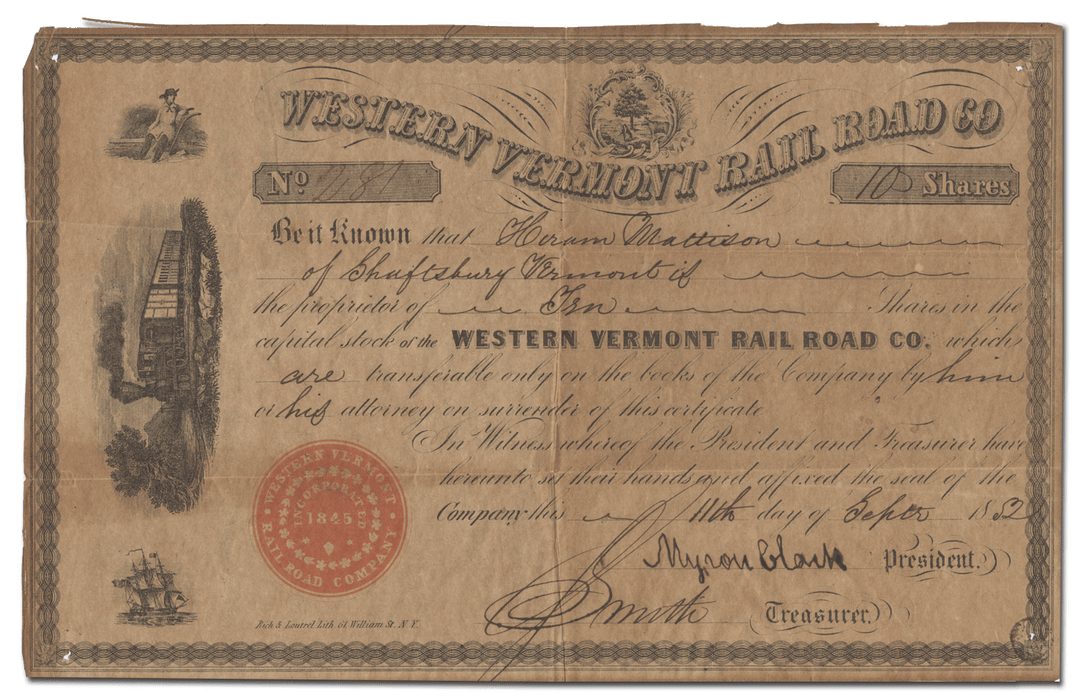 Western Vermont Railroad Company Stock Certificate