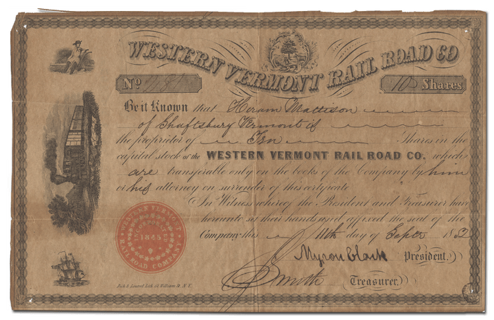 Western Vermont Railroad Company Stock Certificate