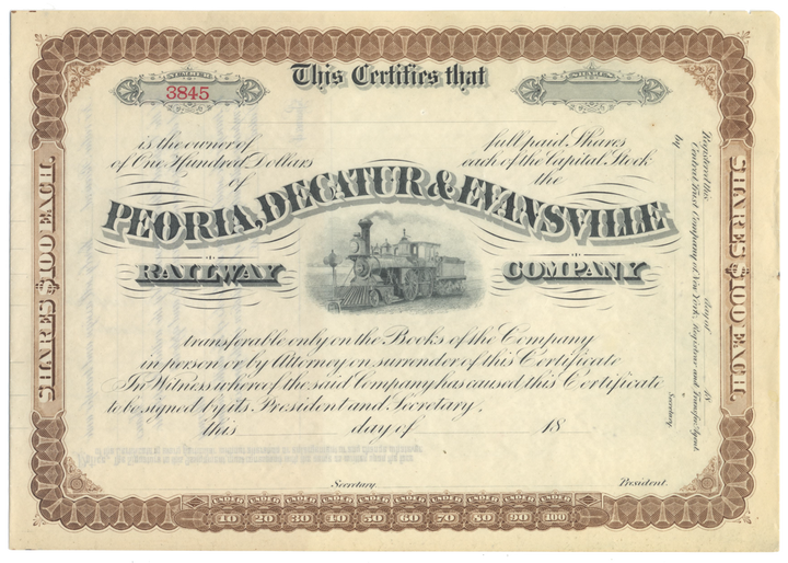 Peoria, Decatur & Evansville Railway Company Stock Certificate