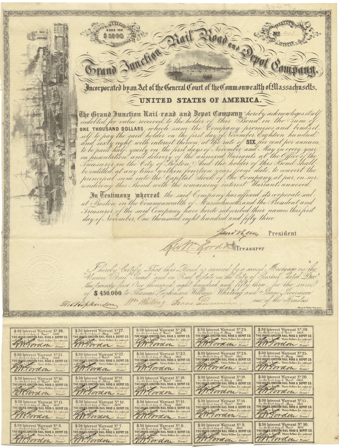 Grand Junction Rail Road and Depot Company Bond Certificate