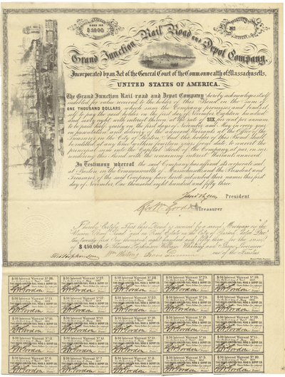 Grand Junction Rail Road and Depot Company Bond Certificate