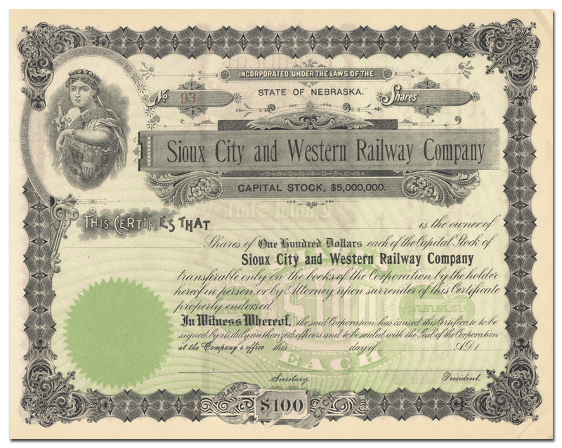 Sioux City and Western Railway Company Stock Certificate