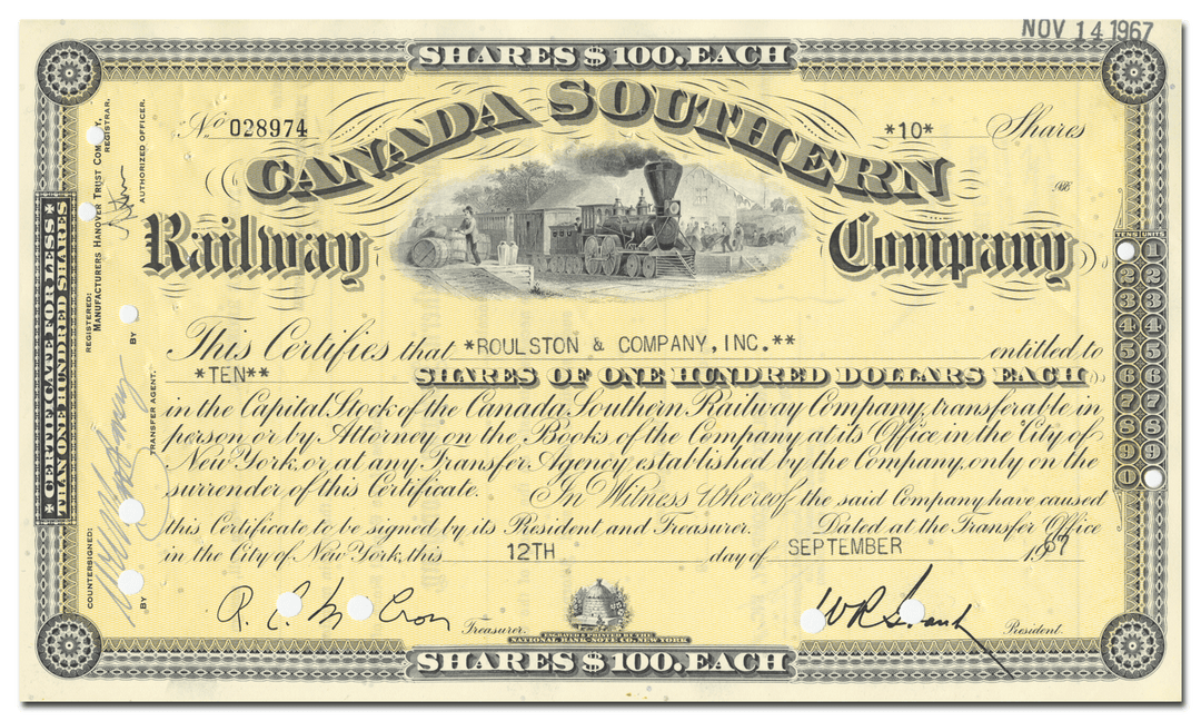 Canada Southern Railway Company Stock Certificate