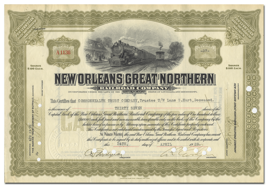 New Orleans Great Northern Railroad Company Stock Certificate