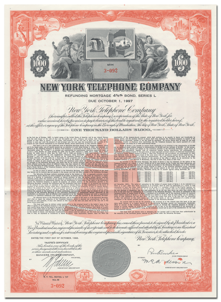 New York Telephone Company Bond Certificate