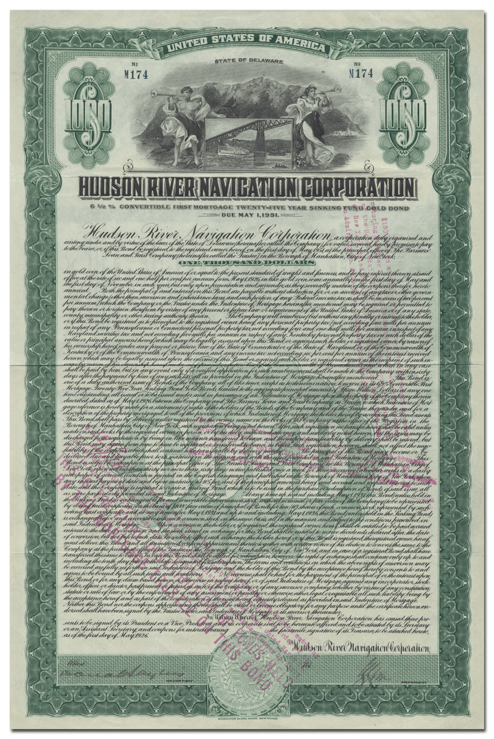 Hudson River Navigation Corporation Bond Certificate