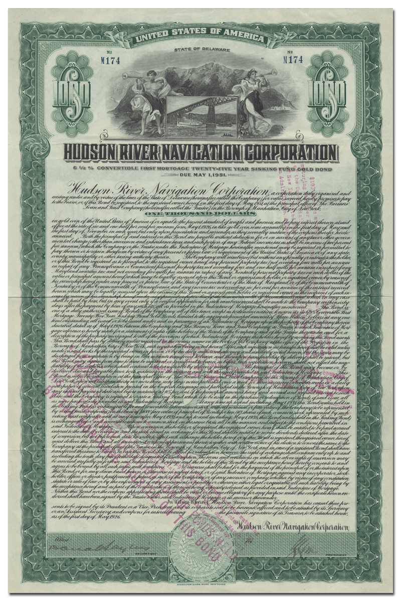 Hudson River Navigation Corporation Bond Certificate
