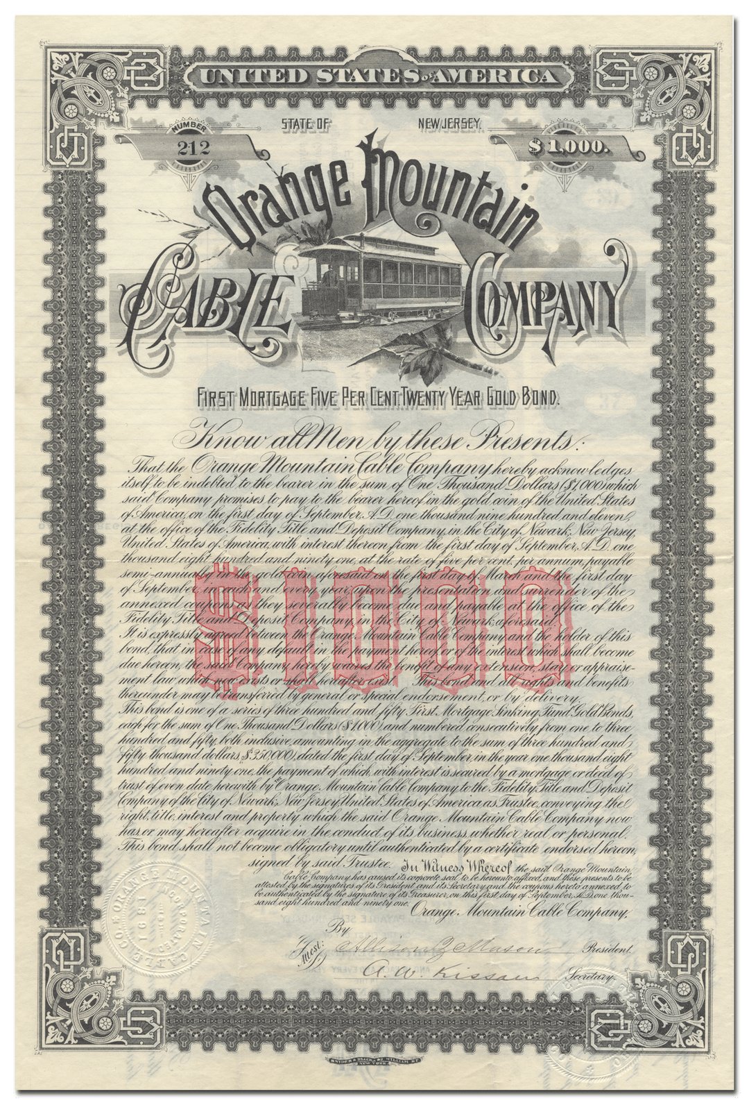 Orange Mountain Cable Company Bond Certificate