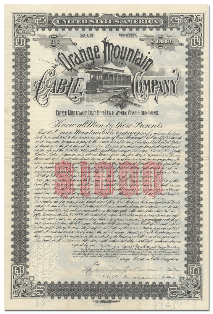 Orange Mountain Cable Company Bond Certificate