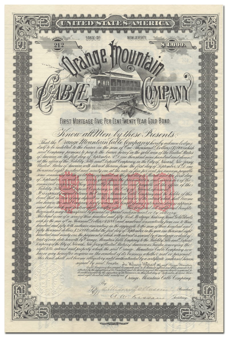 Orange Mountain Cable Company Bond Certificate