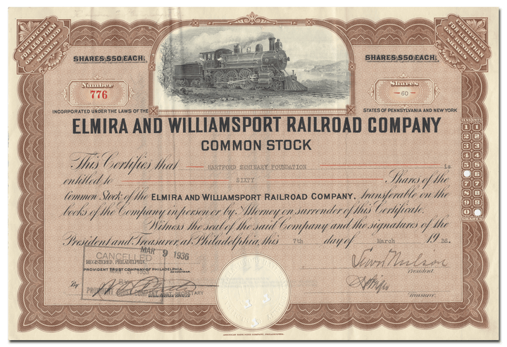 Elmira and Williamsport Railroad Company Stock Certificate