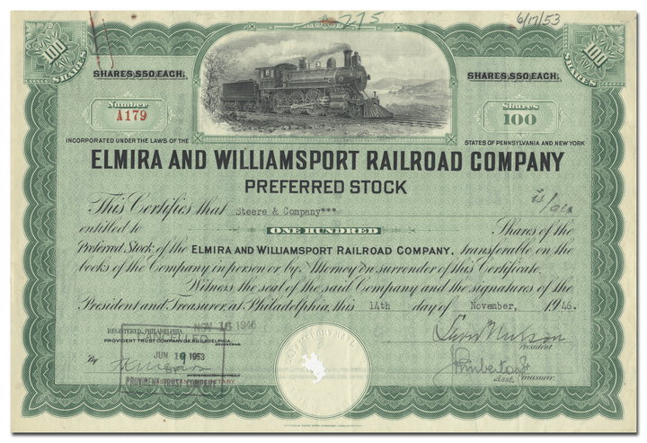 Elmira and Williamsport Railroad Company Stock Certificate