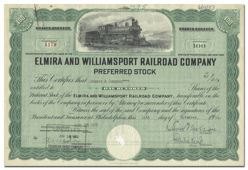 Elmira and Williamsport Railroad Company Stock Certificate