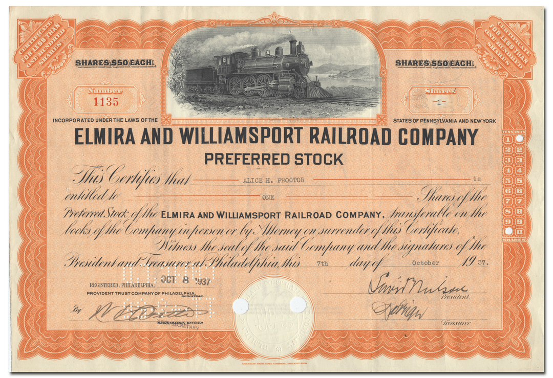 Elmira and Williamsport Railroad Company Stock Certificate