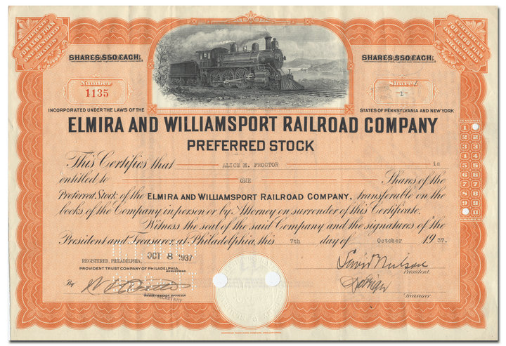 Elmira and Williamsport Railroad Company Stock Certificate