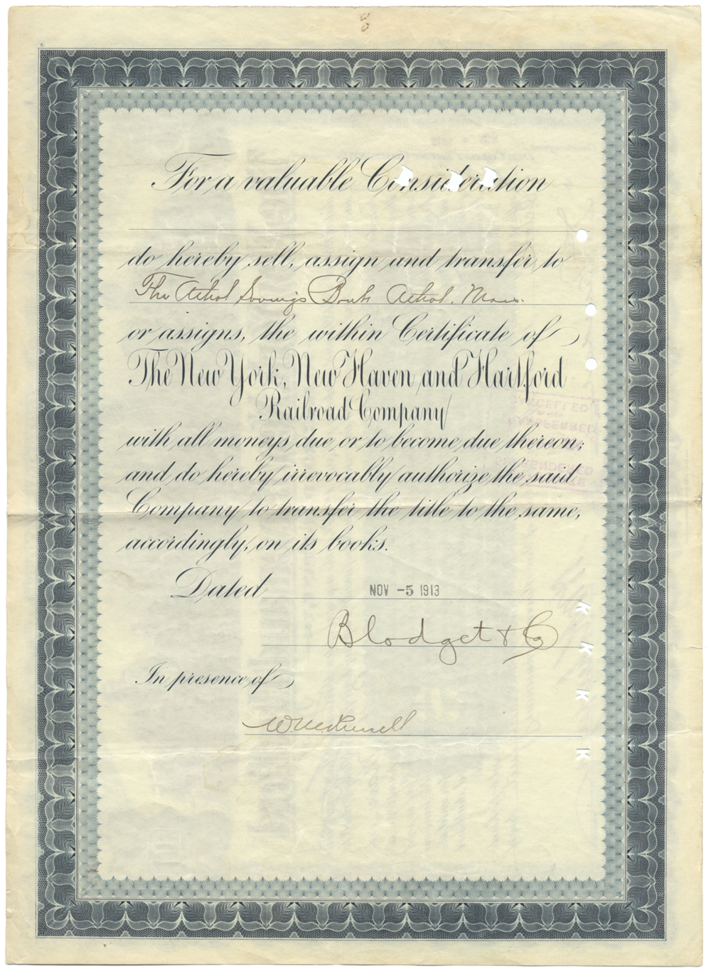 New York, New Haven and Hartford Railroad Company Bond Certificate