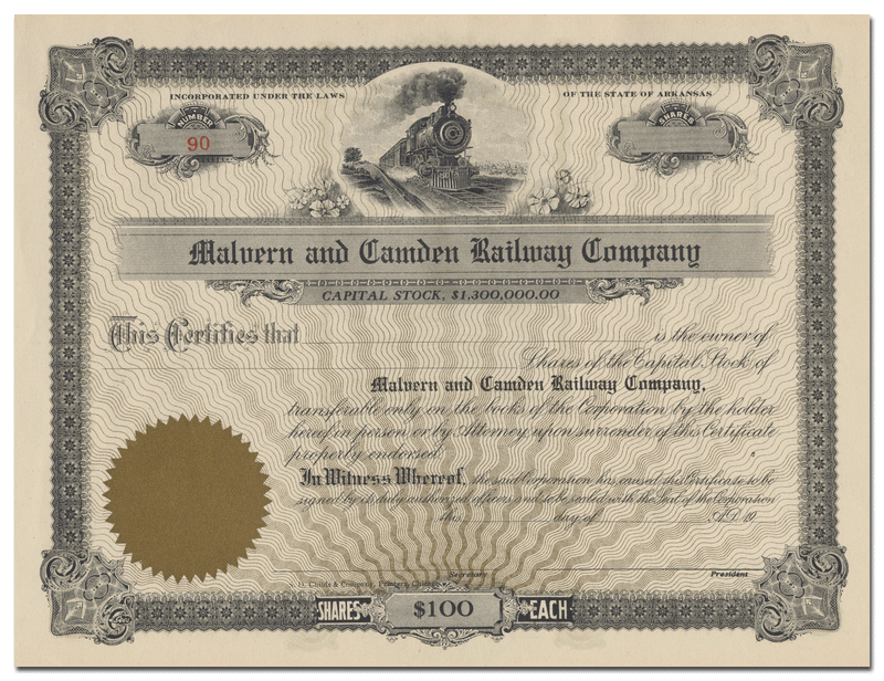 Malvern and Camden Railway Company Stock Certificate