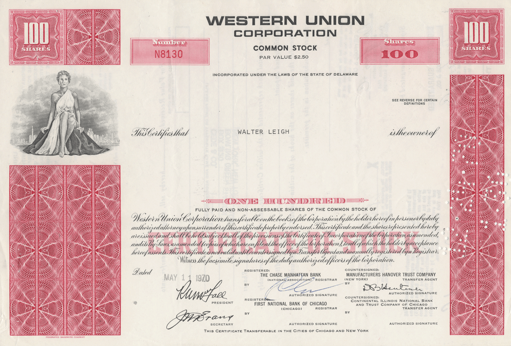 Western Union Corporation Stock Certificate