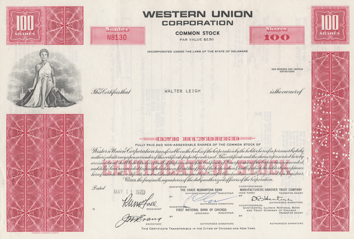 Western Union Corporation Stock Certificate