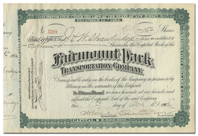 Fairmount Park Transportation Company Stock Certificate