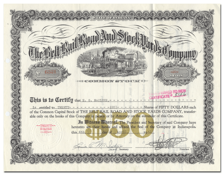 Belt Rail Road and Stock Yards Company Stock Certificate