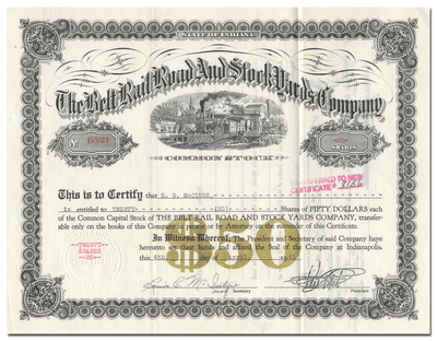 Belt Rail Road and Stock Yards Company Stock Certificate